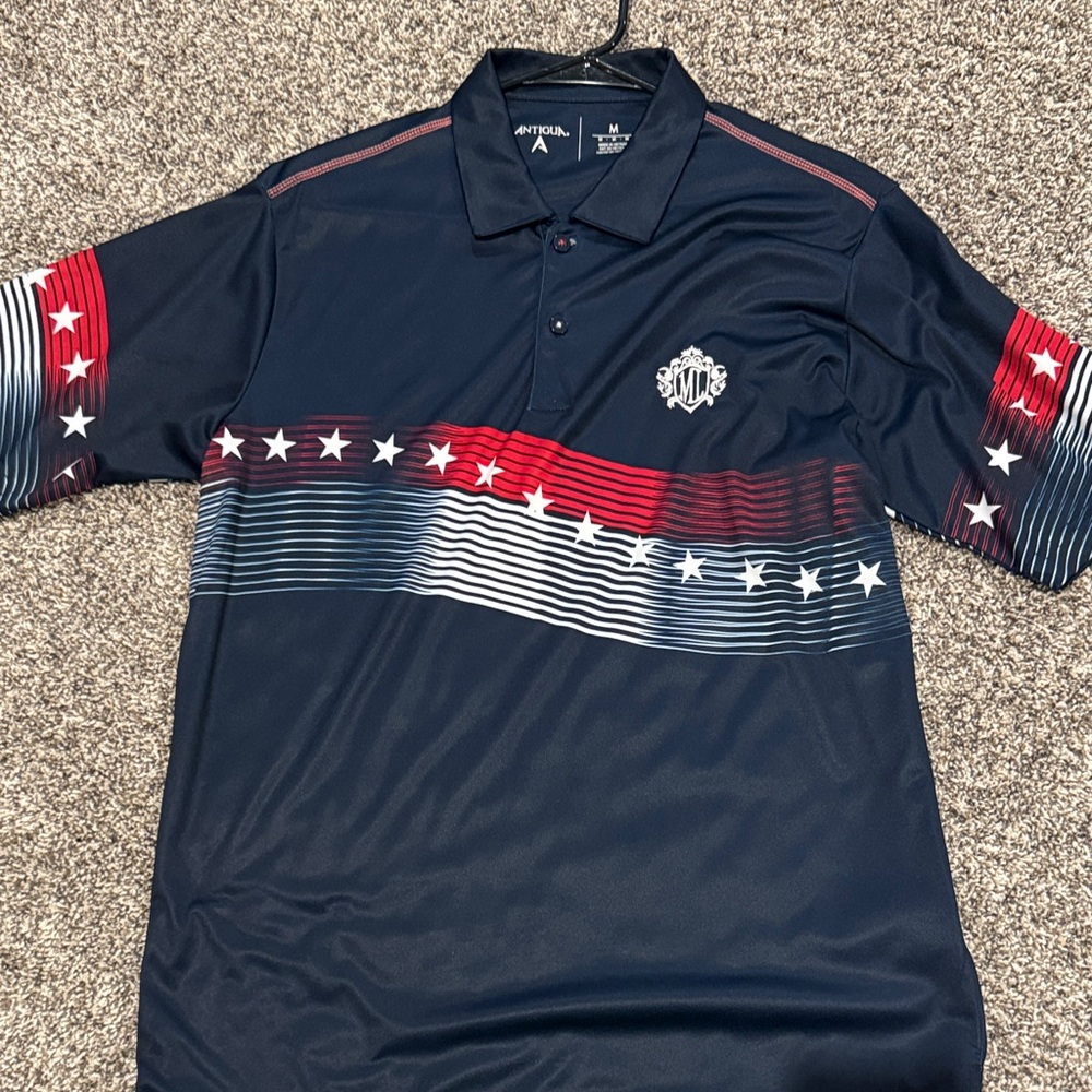 Antigua USA Flag Navy and Red Star Golf Shirt - Size M